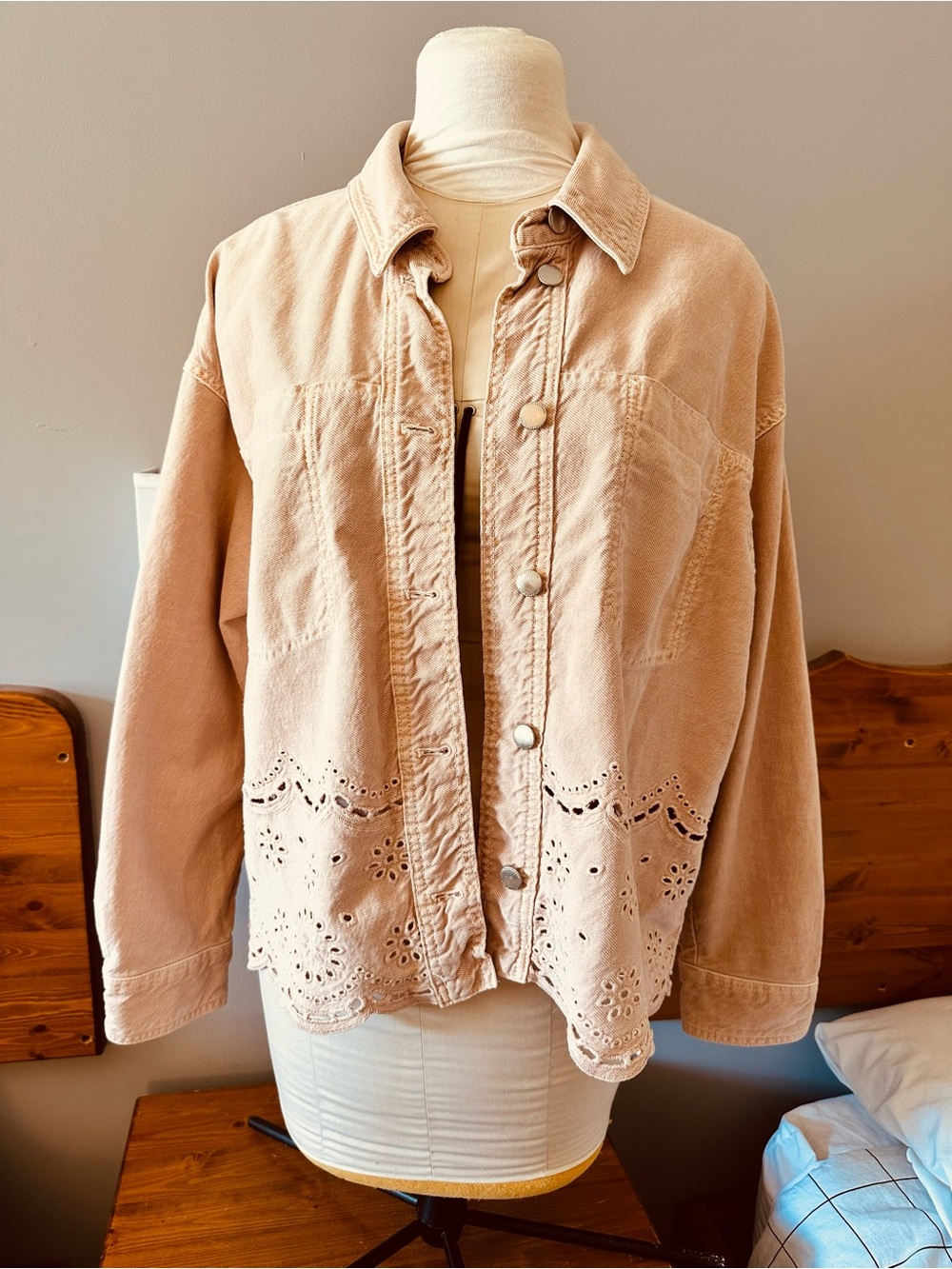 Zara Blush Pink Eyelet-Hem Denim Jean Jacket M L XL - Picture 6 of 16